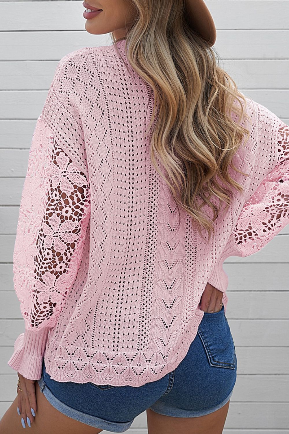 Openwork Round Neck Long Sleeve Sweater - Charming Charlie