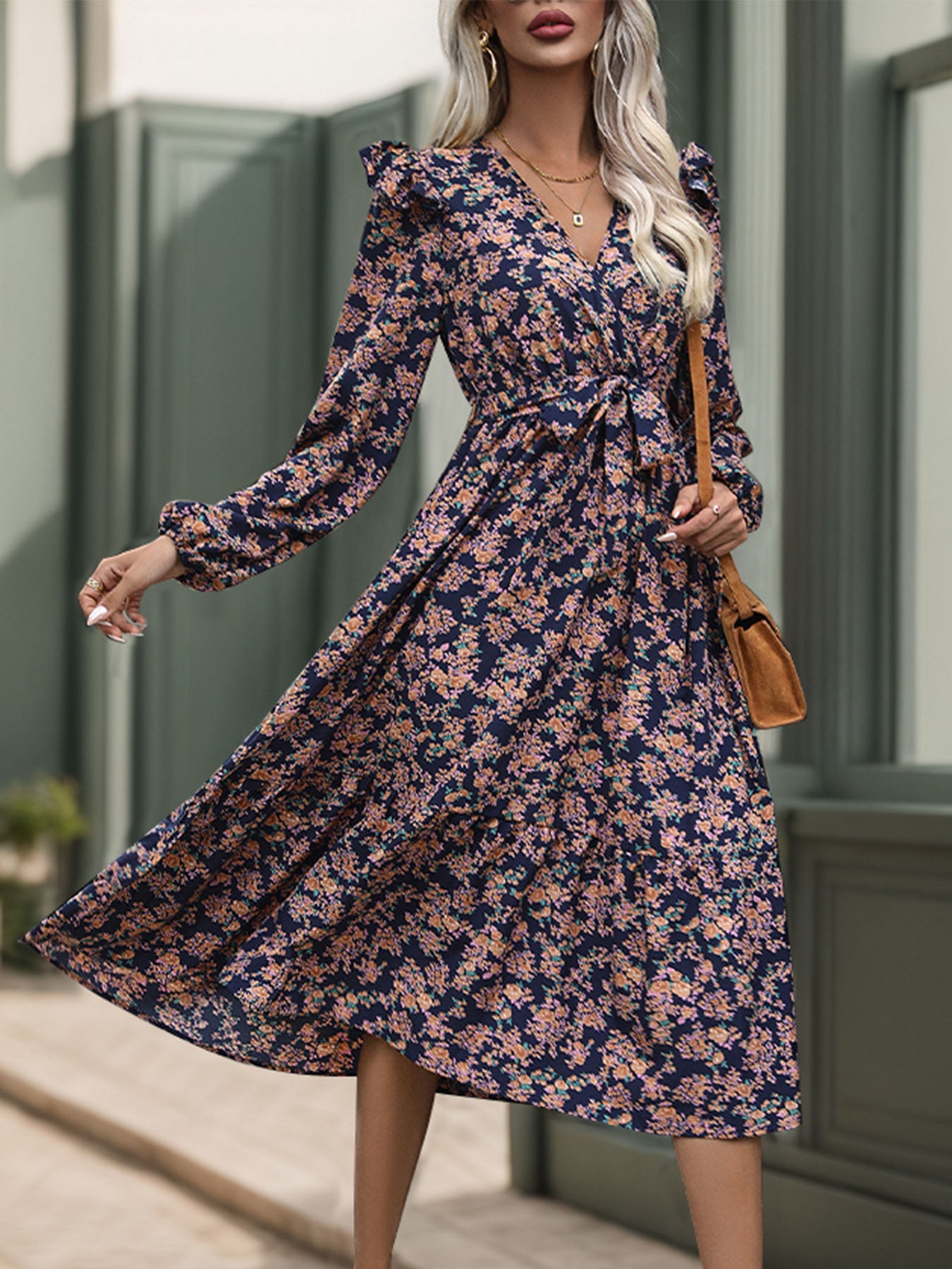 Printed Surplice Long Sleeve Midi Dress - Charming Charlie