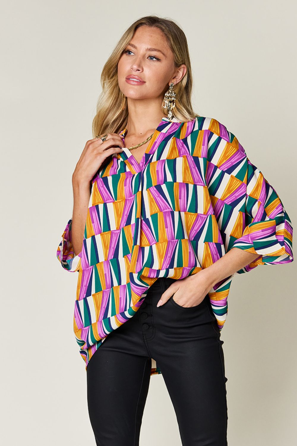 Double Take Full Size Geometric Notched Dolman Sleeve Top - Charming Charlie
