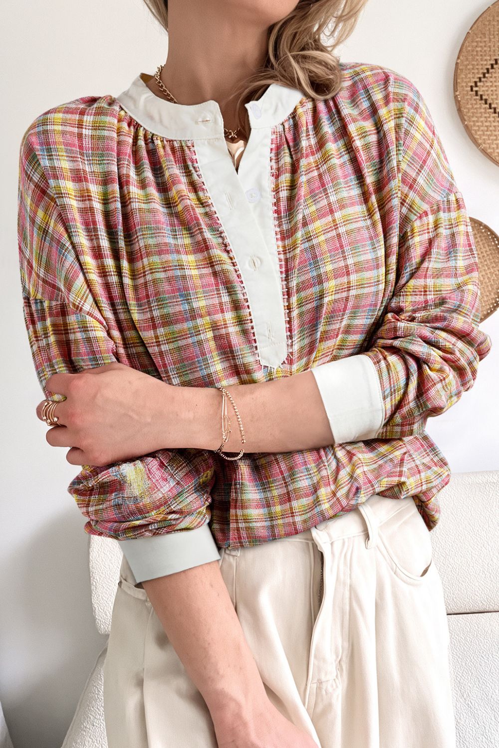 Mulit-Color Plaid Round Neck Long Sleeve Blouse - Charming Charlie
