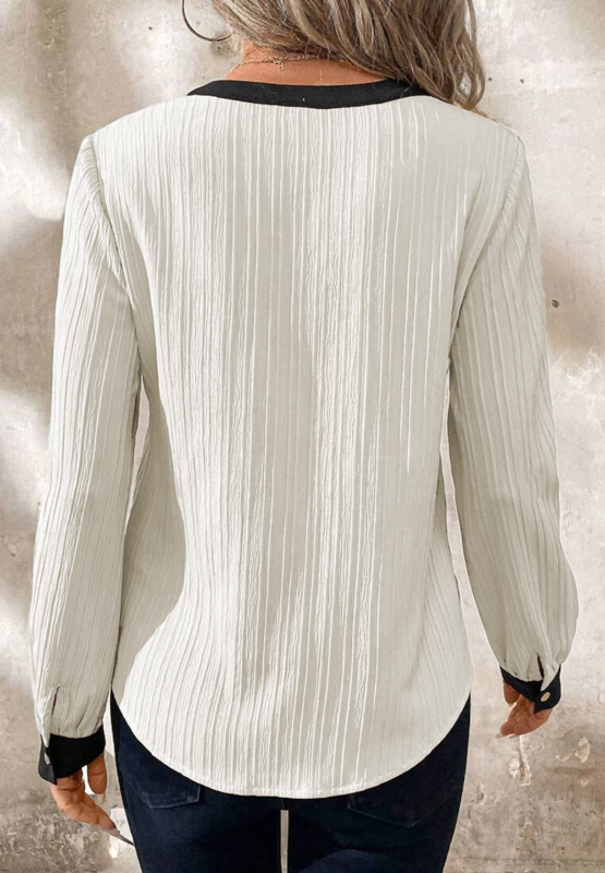 Contrast Notched Long Sleeve Blouse - Charming Charlie