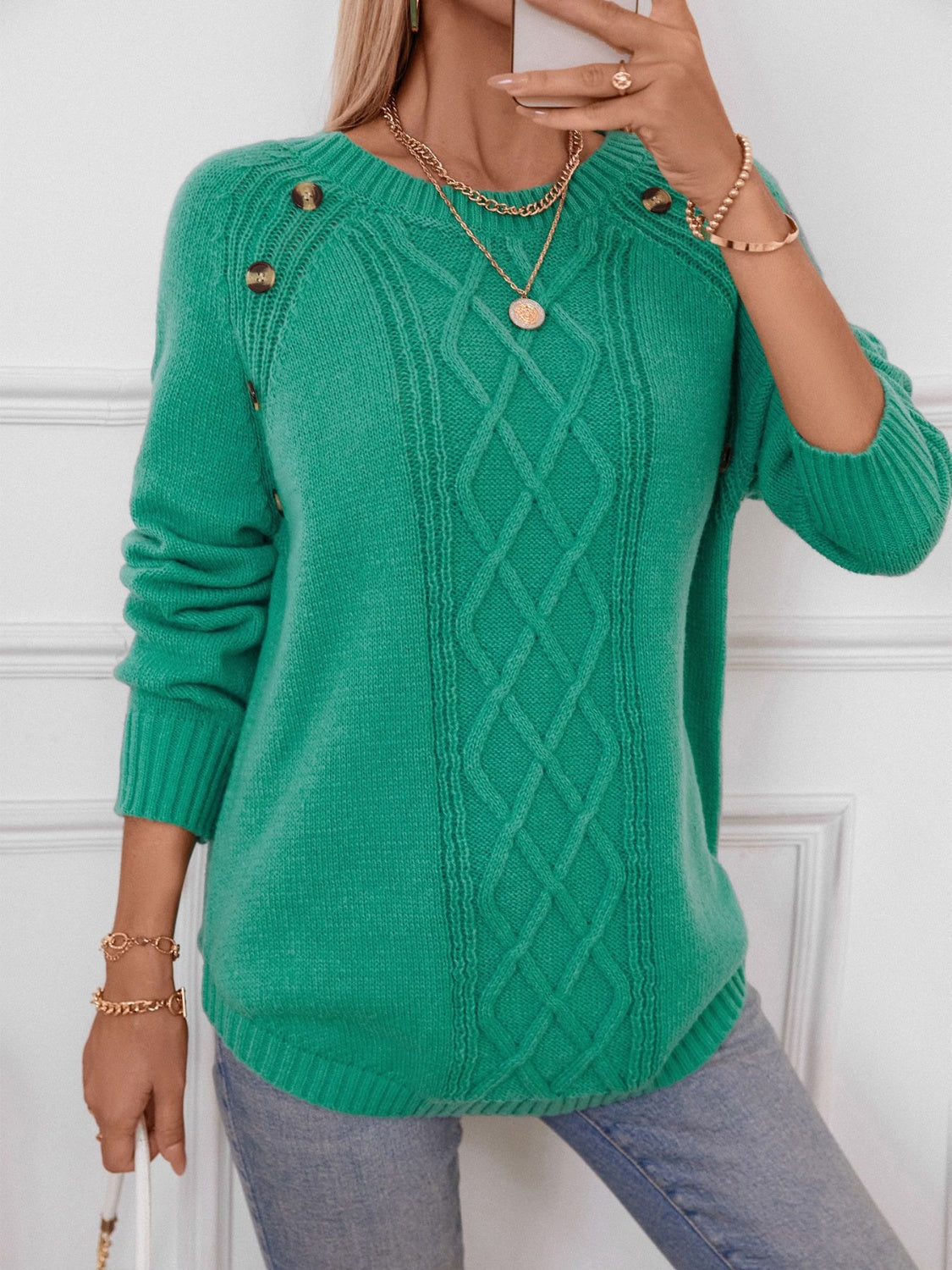 Decorative Button Round Neck Raglan Sleeve Sweater - Charming Charlie