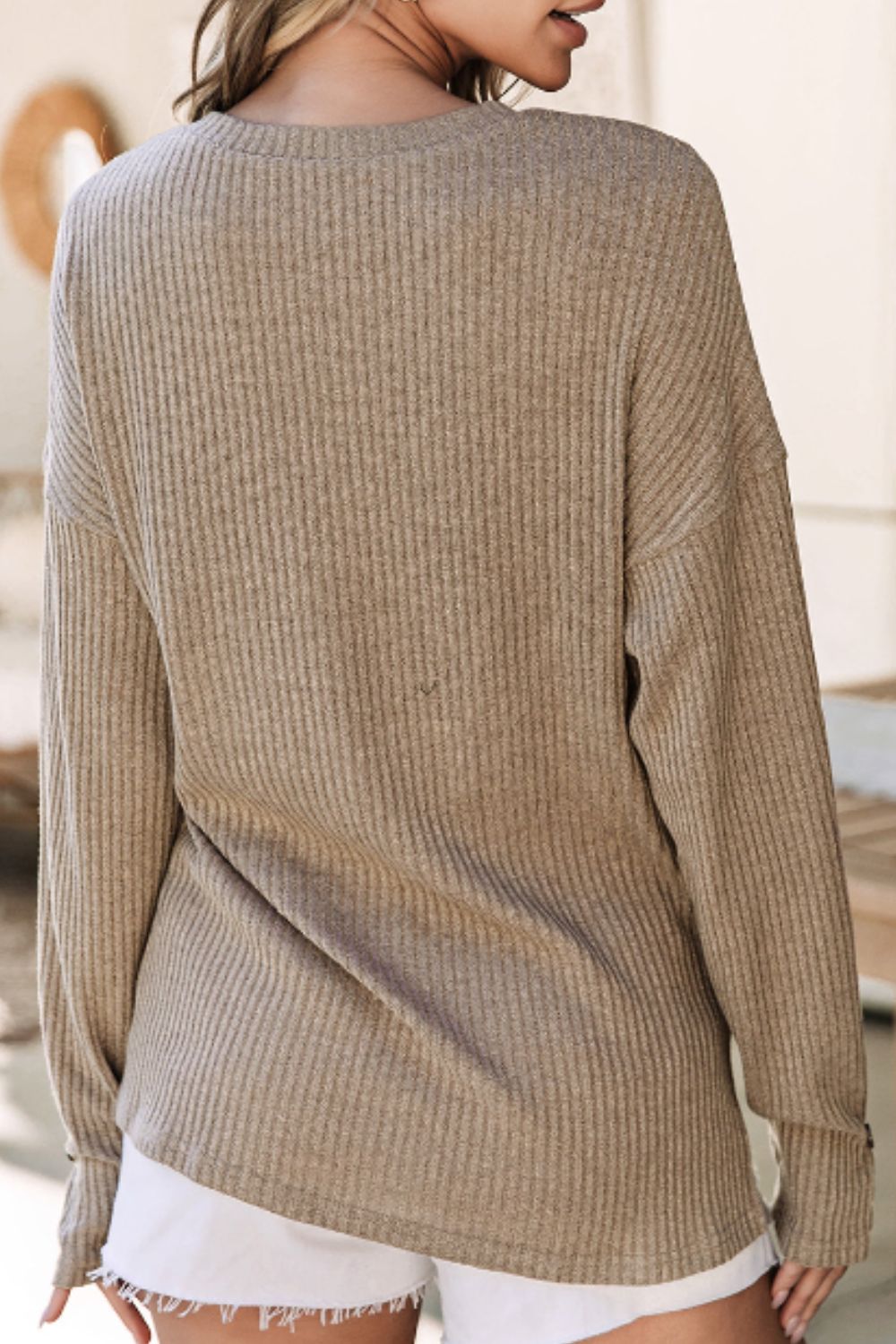 Quarter Button Round Neck Dropped Shoulder Knit Top - Charming Charlie