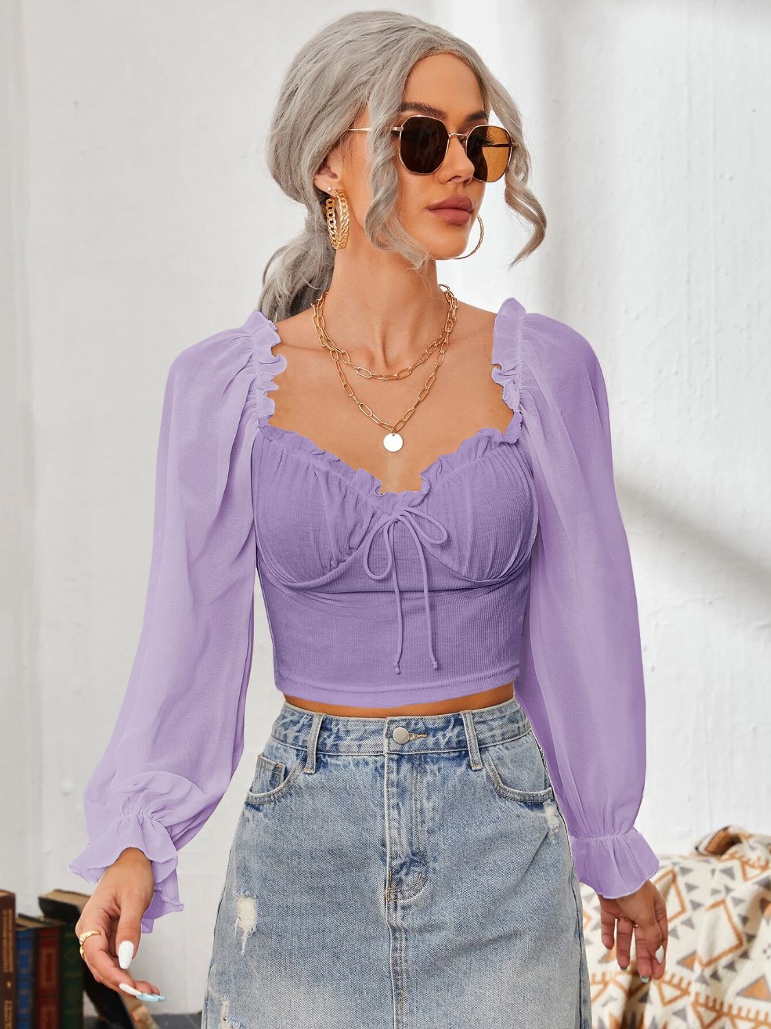 Mesh Sweetheart Neck Flounce Sleeve Top - Charming Charlie