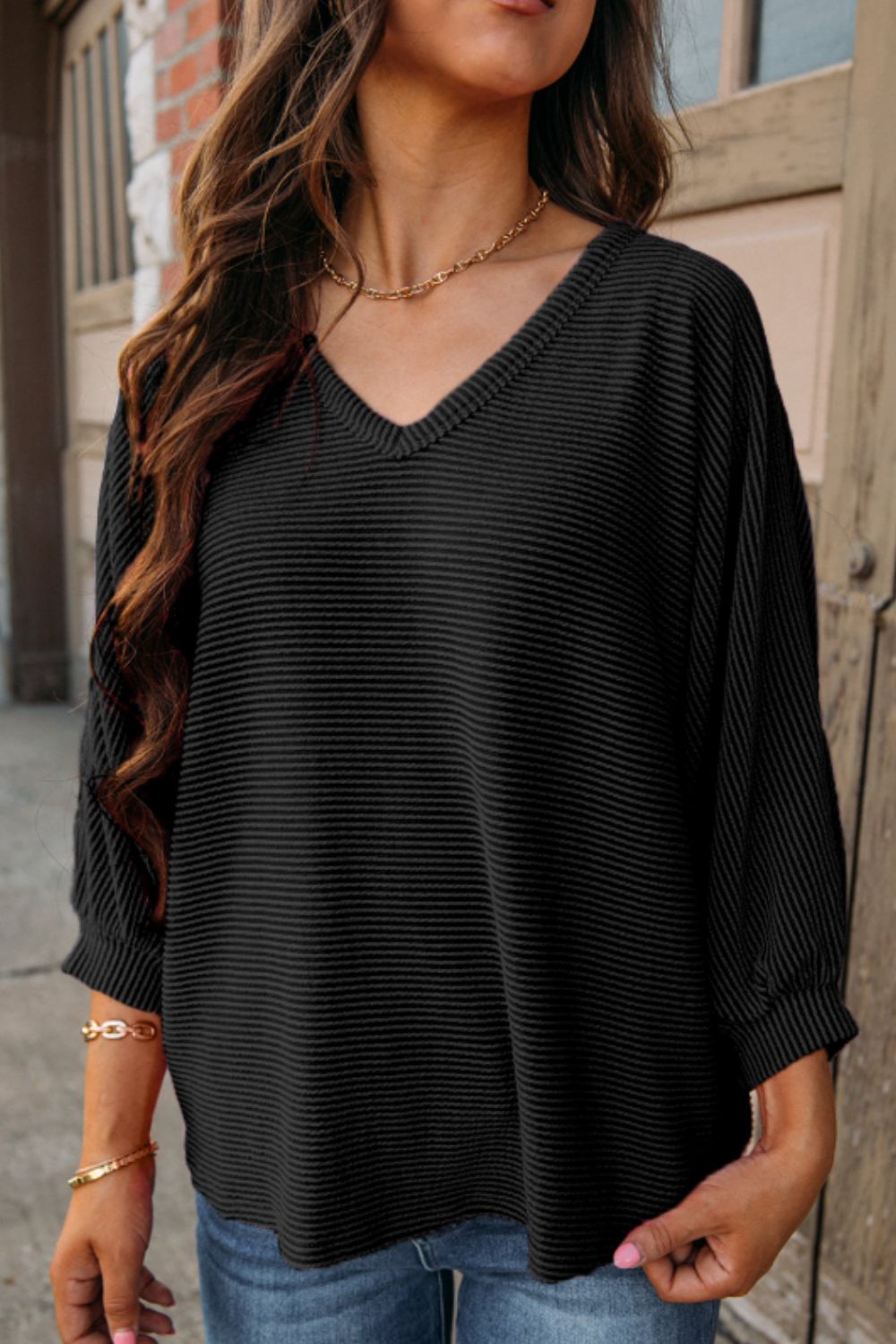 Texture V-Neck Long Sleeve Top - Charming Charlie