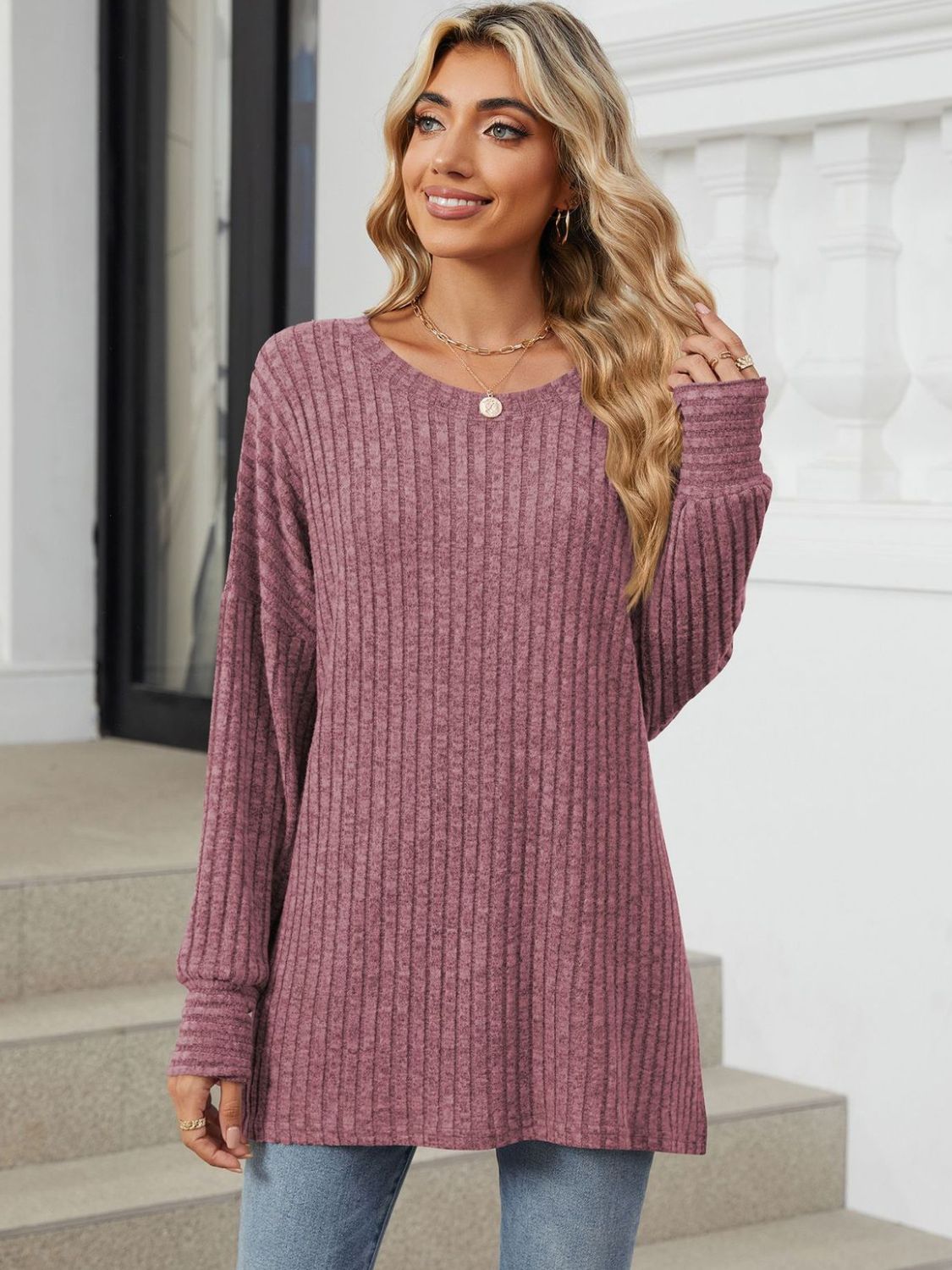 Ribbed Round Neck Long Sleeve T-Shirt - Charming Charlie