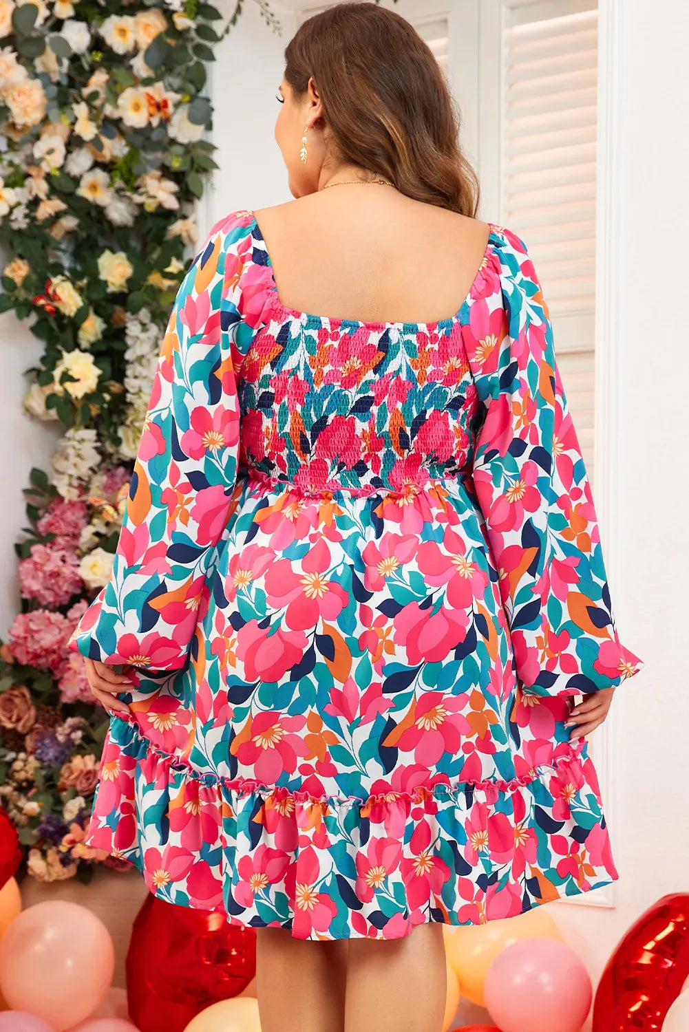 Plus Size Smocked Floral Square Neck Balloon Sleeve Dress - Charming Charlie