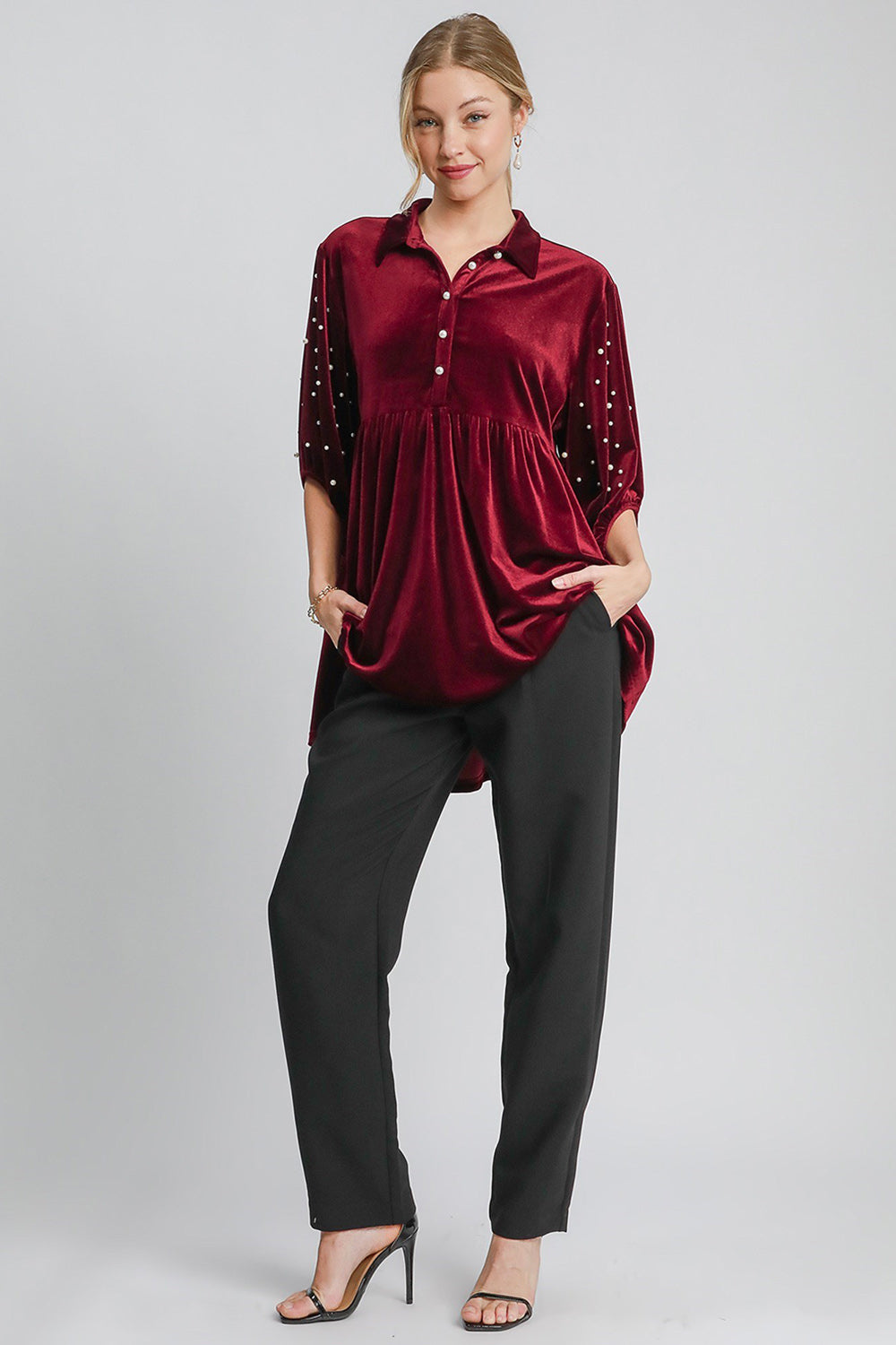 Umgee Pearl Detail Collared Neck Velvet Babydoll Blouse - Charming Charlie