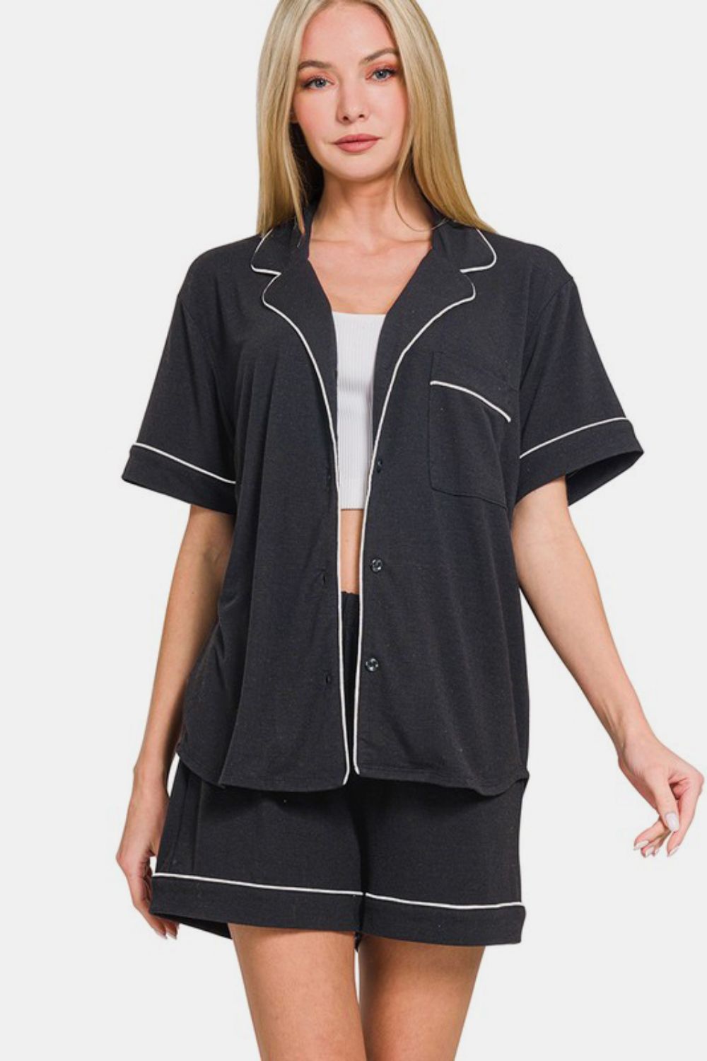 Zenana Button Down Short Sleeve Top and Shorts Lounge Set - Charming Charlie