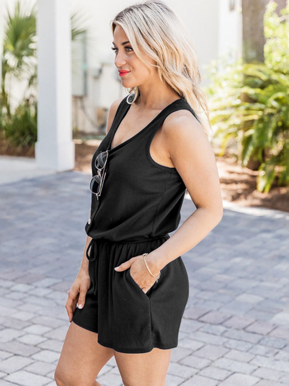 Scoop Neck Wide Strap Romper with Pockets - Charming Charlie