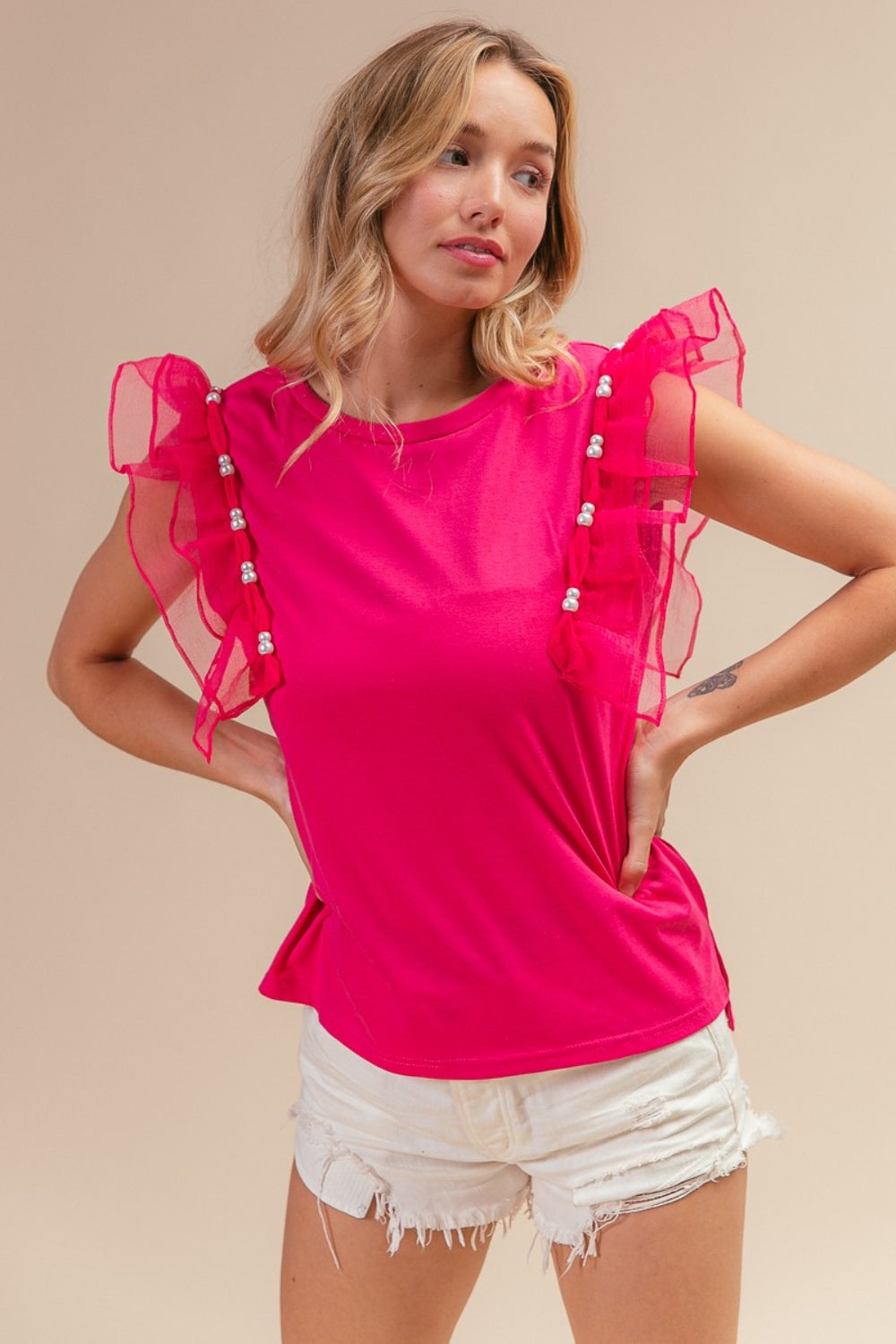 BiBi Pearl Decor Mesh Ruffle Sleeve Top - Charming Charlie