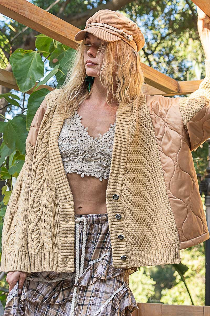 POL Quilting Patch Button Up Cable Knit Jacket - Charming Charlie