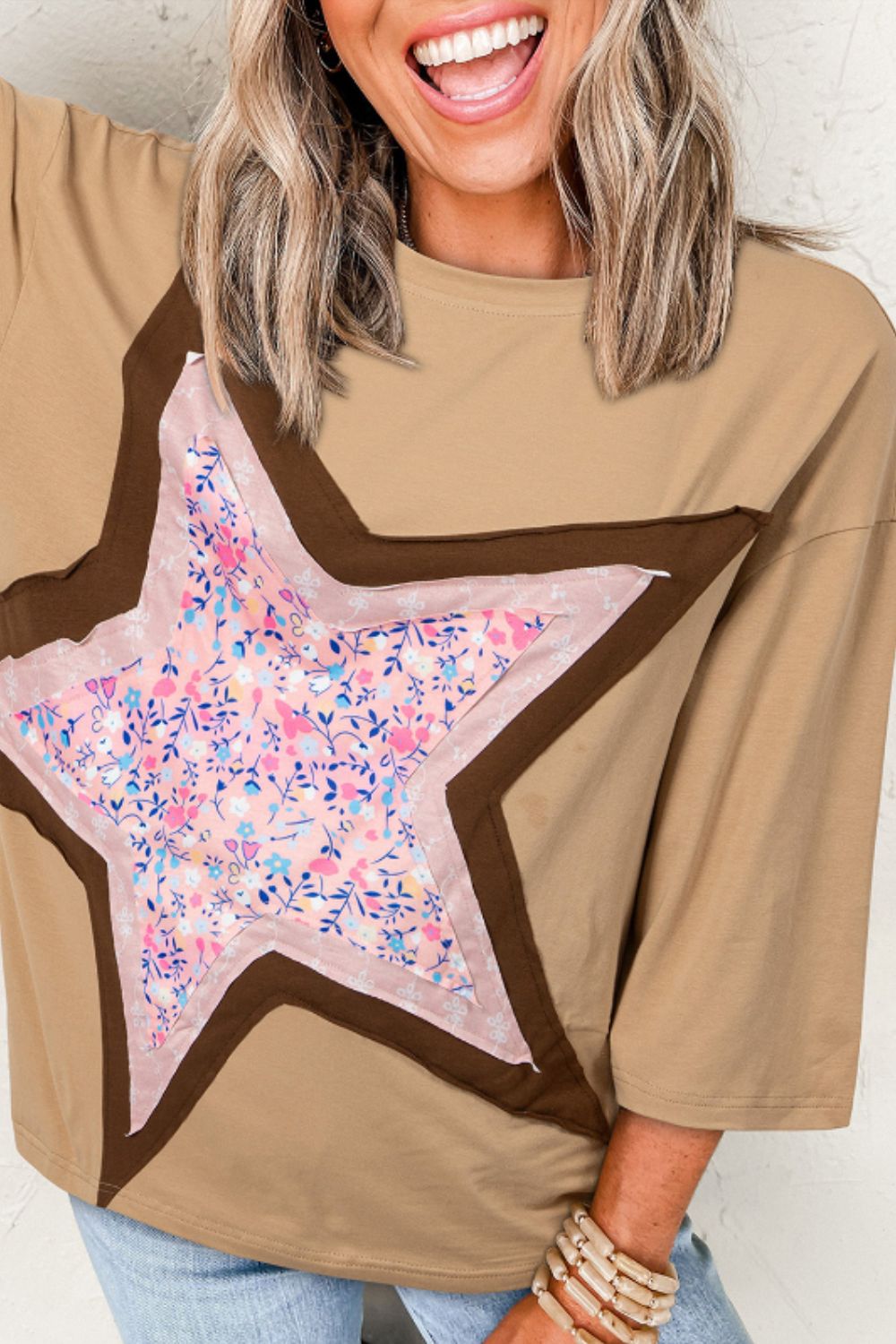 Star Applique Patch Round Neck T-Shirt - Charming Charlie