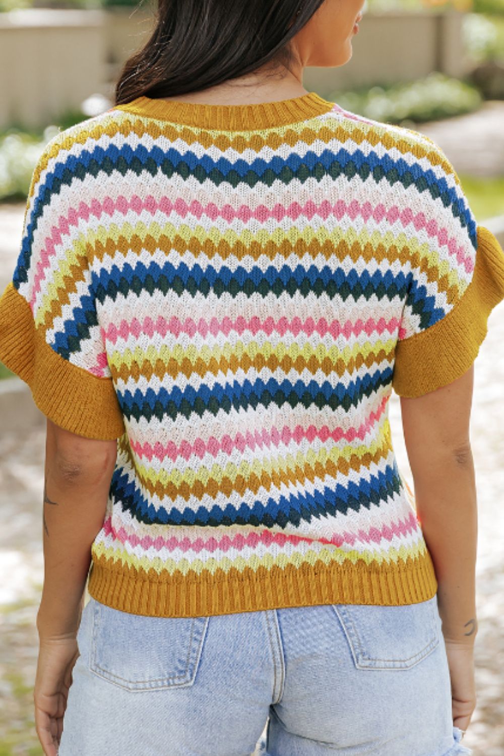 Contrast Round Neck Short Sleeve Sweater - Charming Charlie