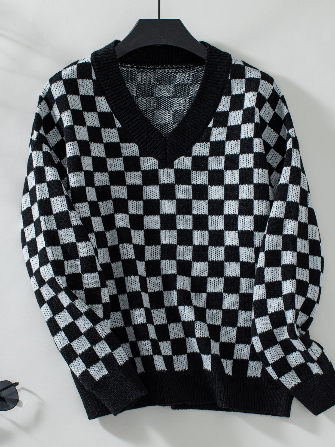 Checkered V-Neck Dropped Shoulder Sweater - Charming Charlie