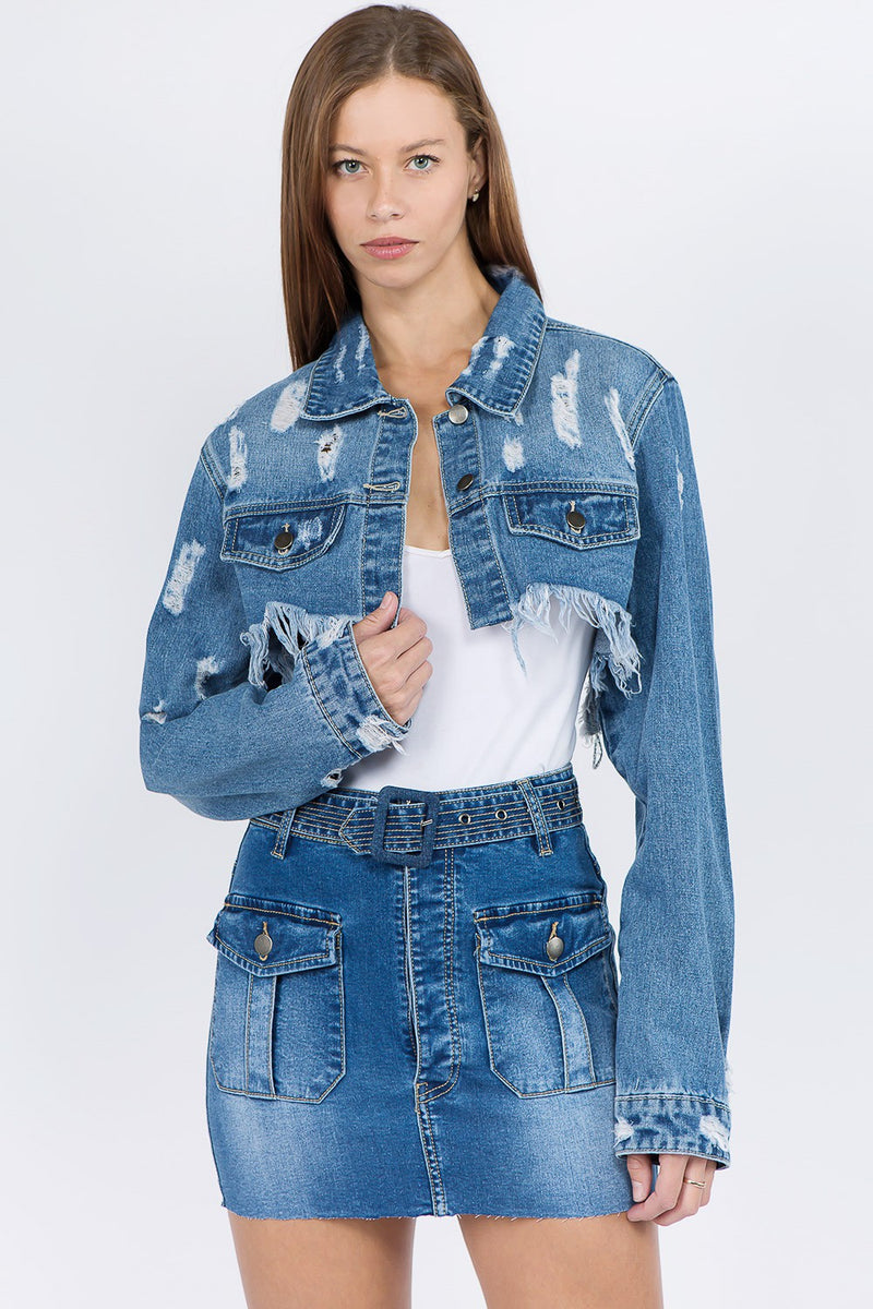 American Bazi Distressed Button Up Long Sleeve Denim Jacket main image 1