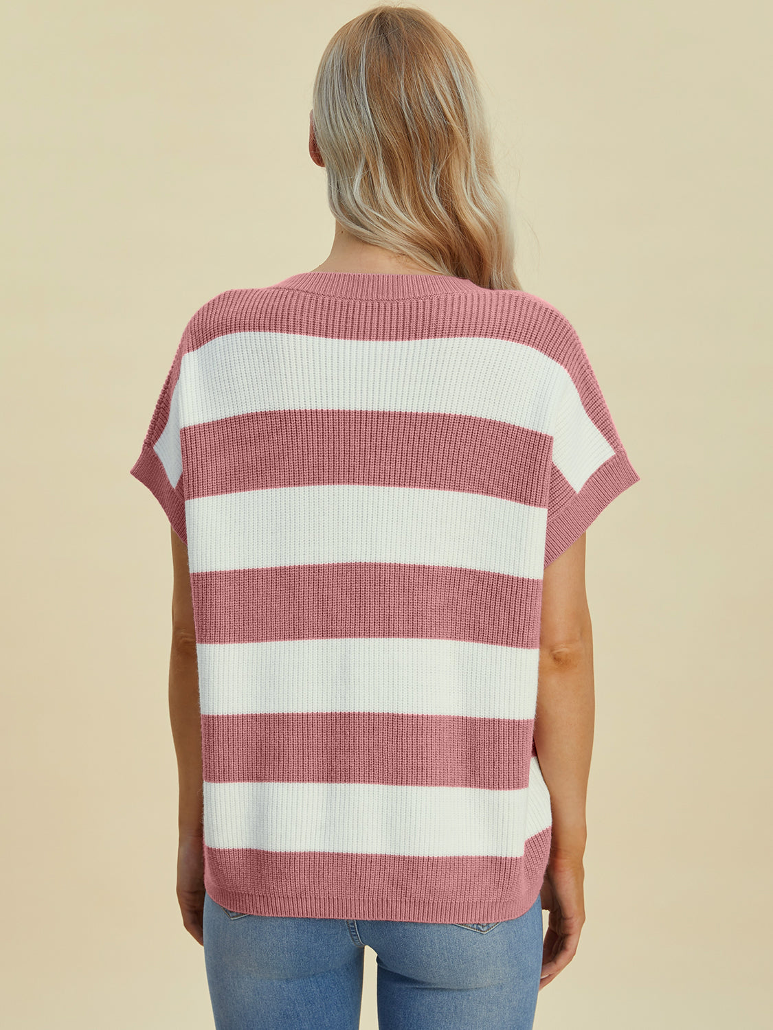 Double Take Full Size Striped V-Neck Short Sleeve Sweater - Charming Charlie
