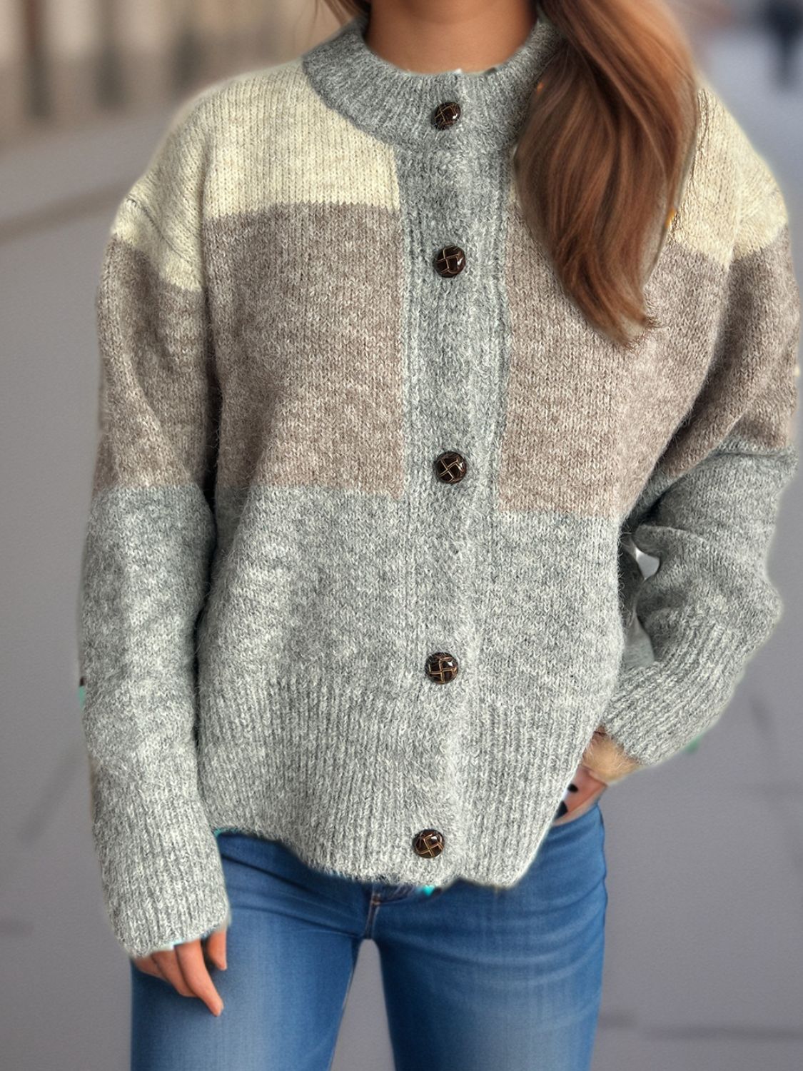 Color Block Round Neck Button Up Cardigan - Charming Charlie