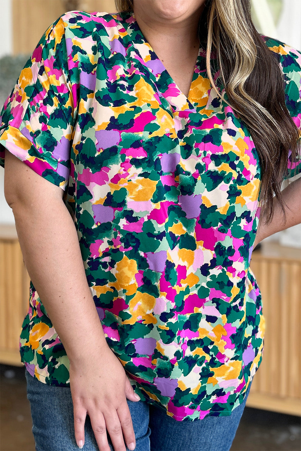 Double Take Full Size Printed V-Neck Short Sleeve Side Slit Top - Charming Charlie