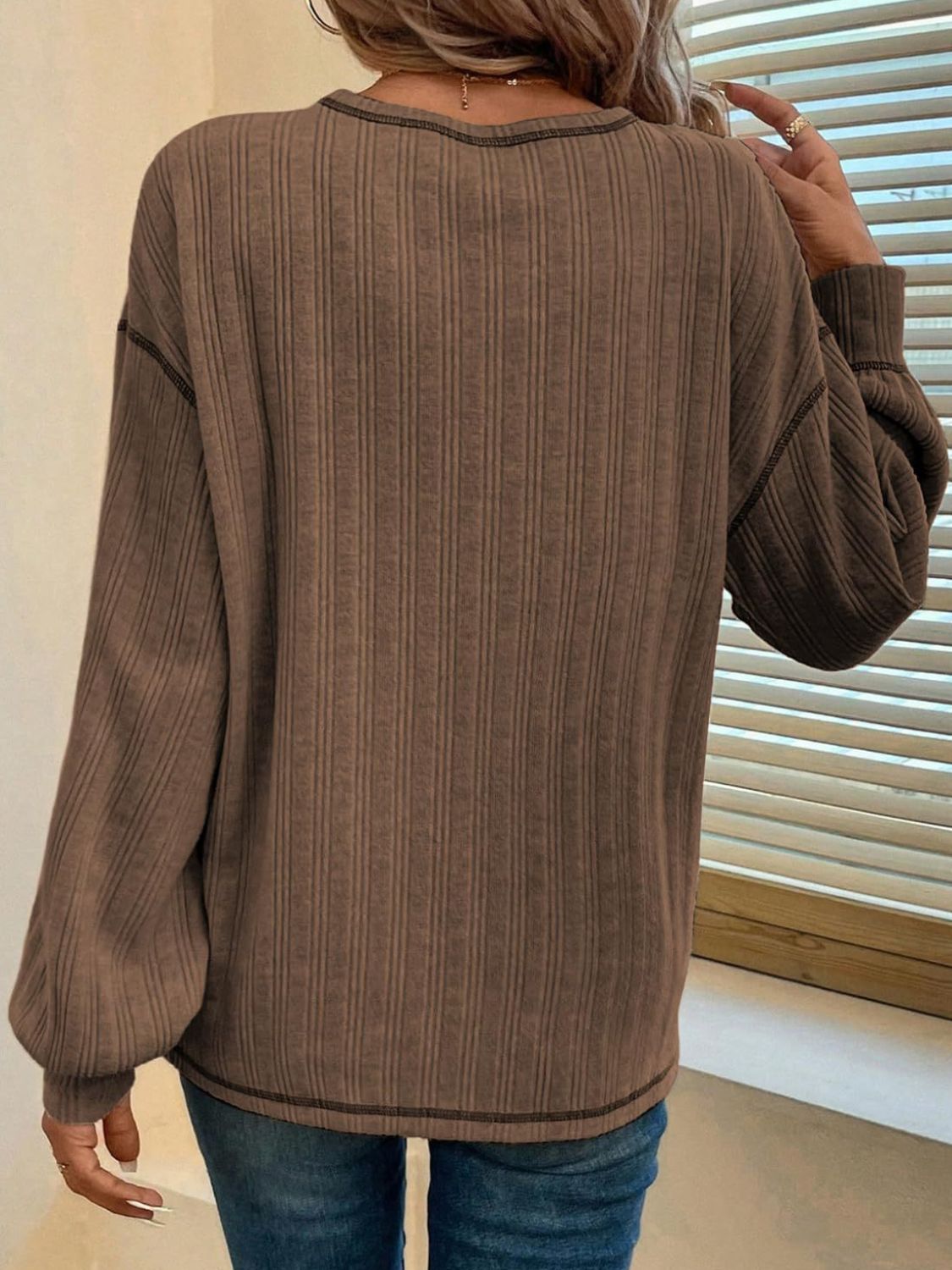 Mandy Contrast Stitching Round Neck Long Sleeve T-Shirt - Charming Charlie