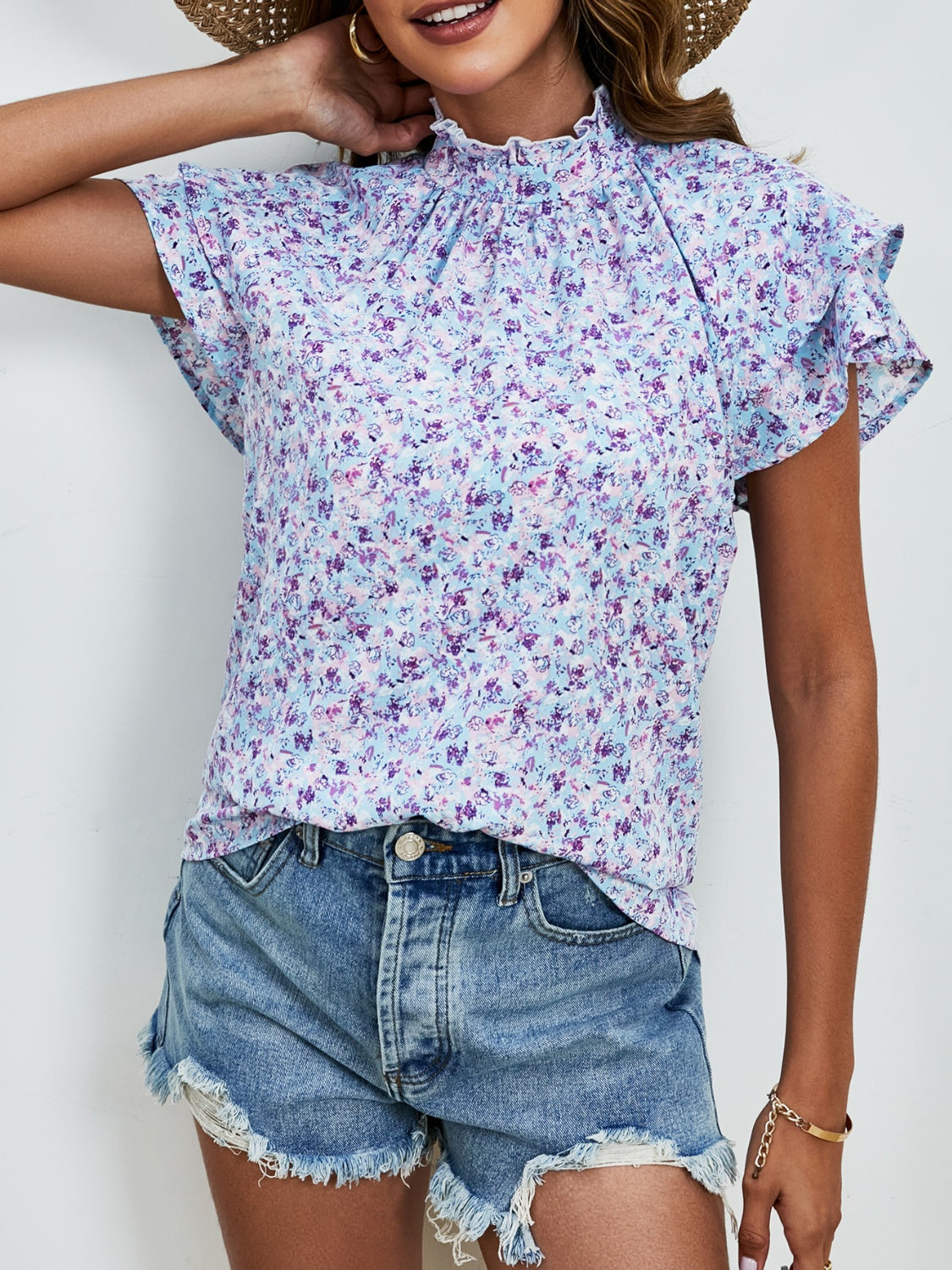 Ditsy Floral Mock Neck Flounce Sleeve Blouse - Charming Charlie