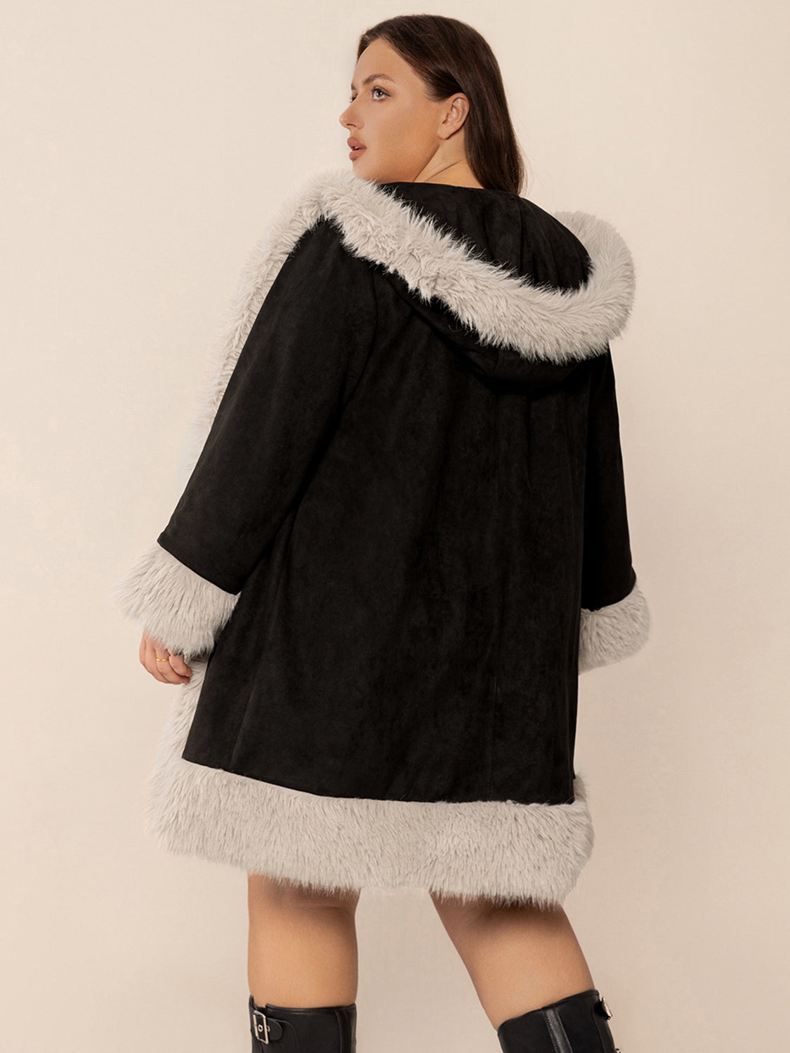 Plus Size Fuzzy Trim Open Front Long Sleeve Hooded Coat - Charming Charlie