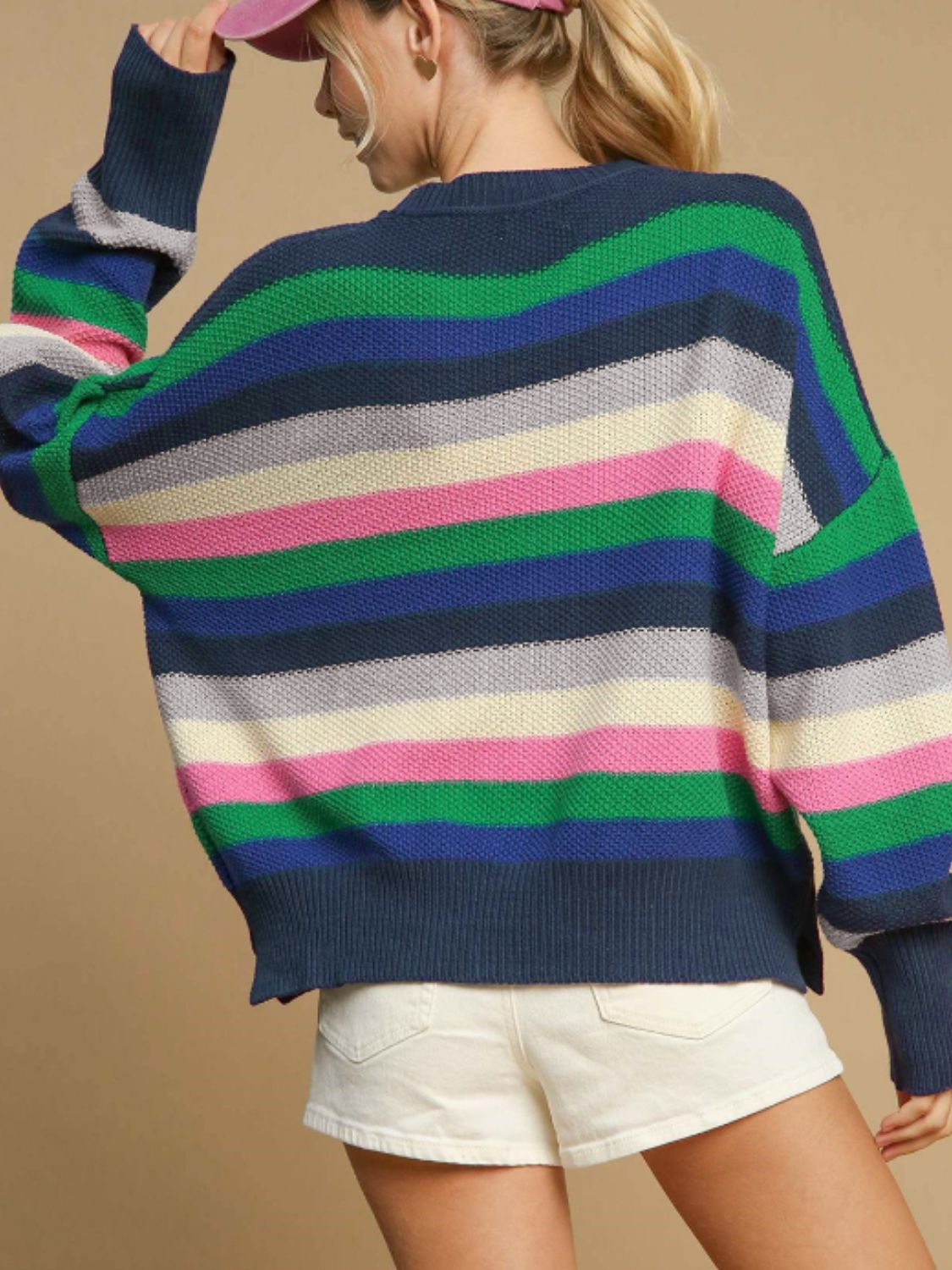 Contrast Striped Round Neck Long Sleeve Sweater - Charming Charlie
