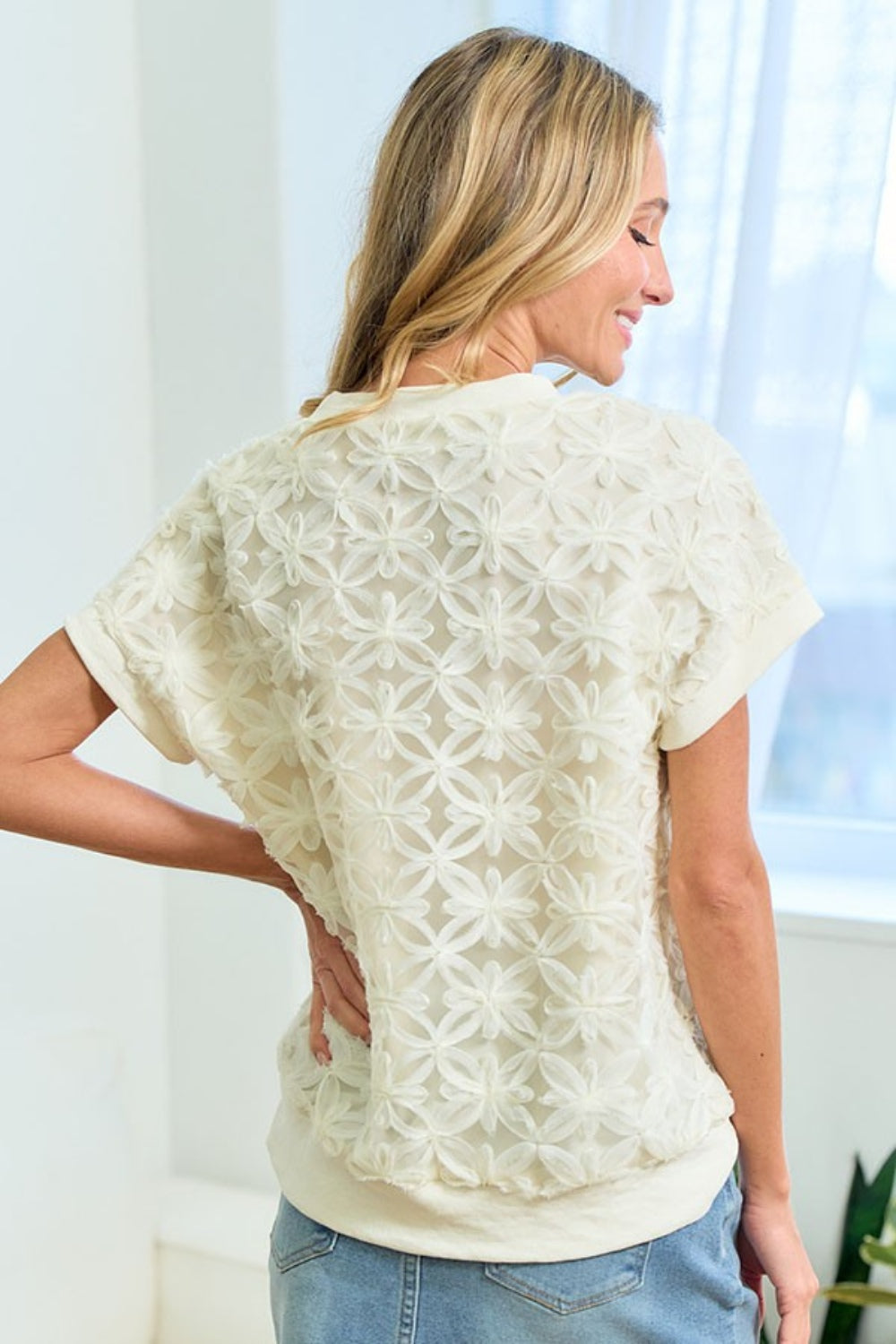 First Love 3D Mesh Flower Round Neck Short Sleeve Top - Charming Charlie