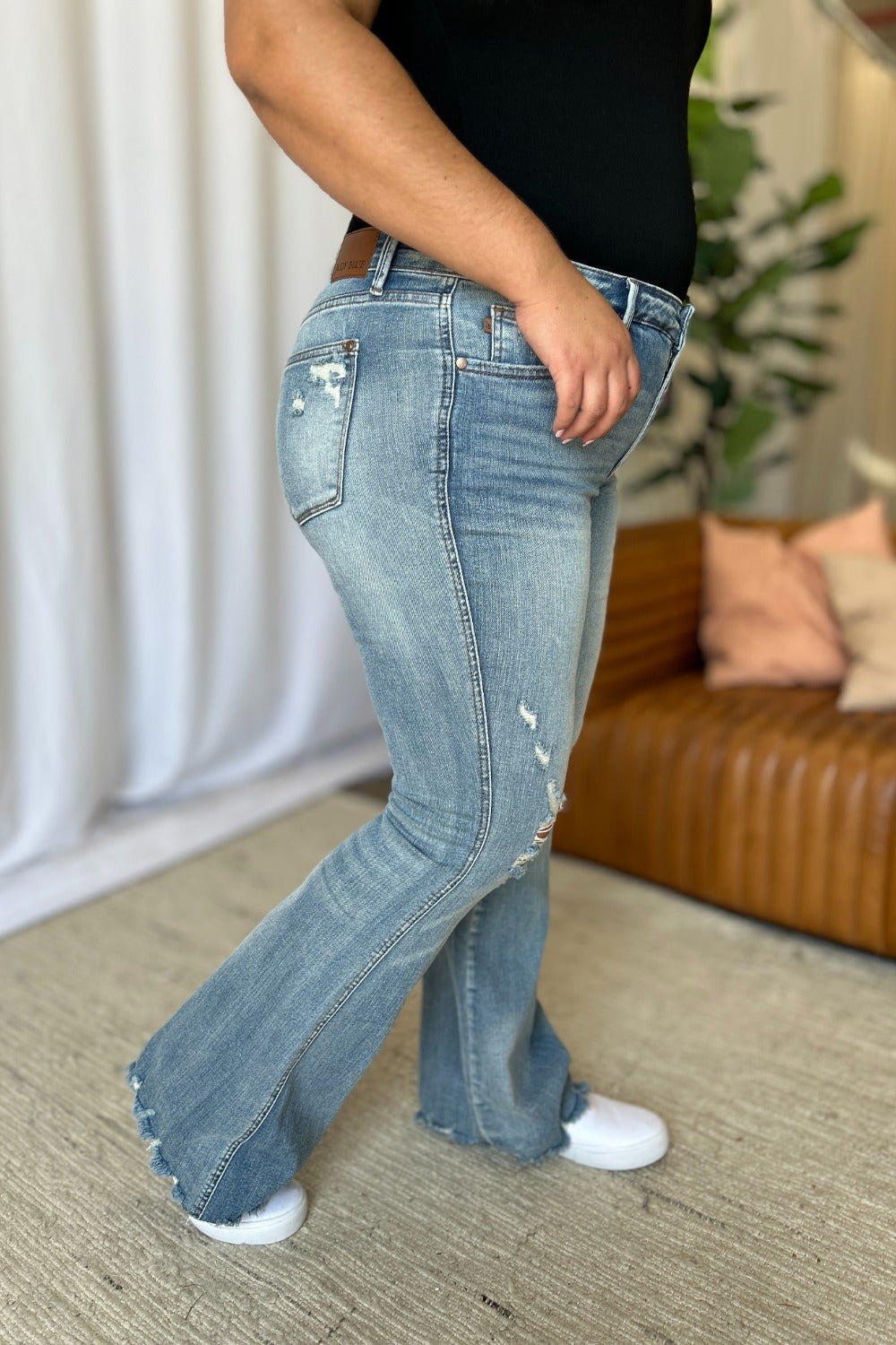 Judy Blue Full Size Medium Rise Tummy Control Destroy Flare - Charming Charlie