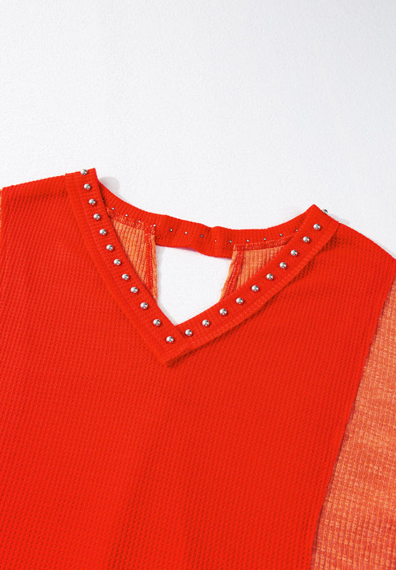 Studded Waffle-Knit V-Neck Long Sleeve Top - Charming Charlie