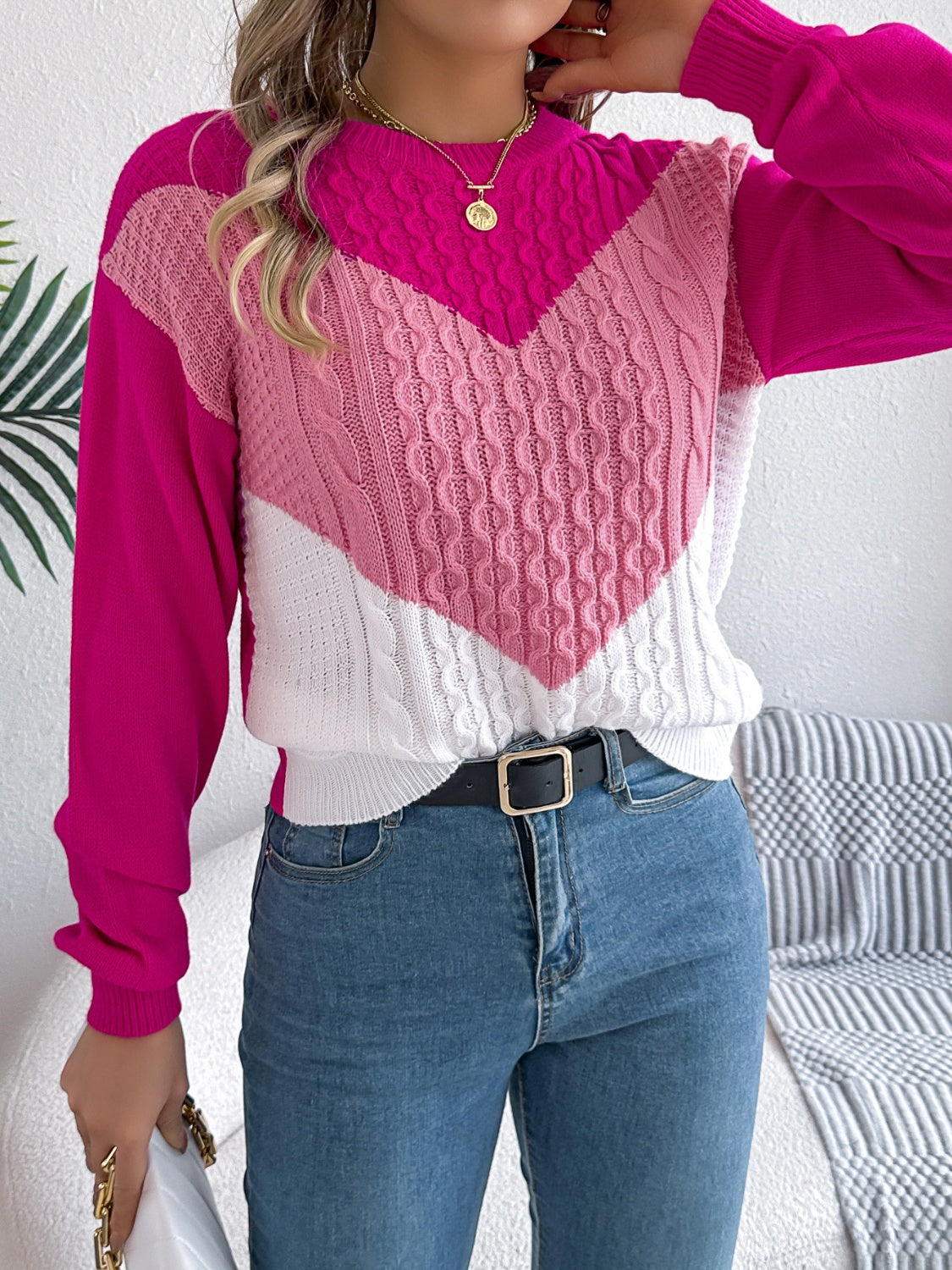Contrast Round Neck Long Sleeve Sweater - Charming Charlie