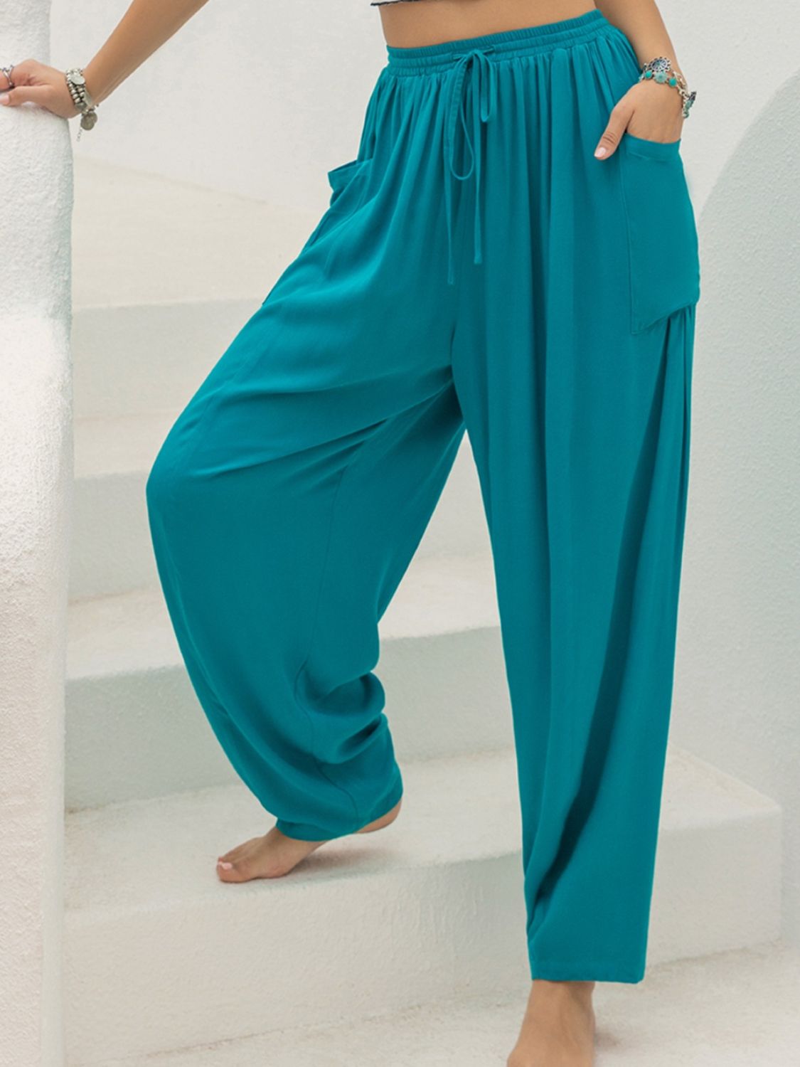 Drawstring Wide Leg Pants with Pockets - Charming Charlie
