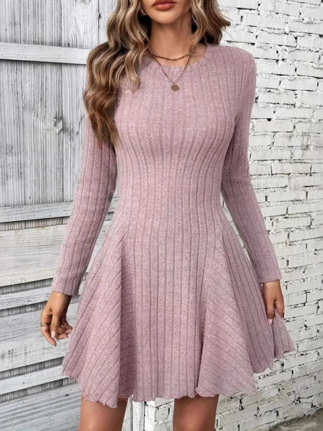 Ribbed Round Neck Long Sleeve Mini Dress - Charming Charlie