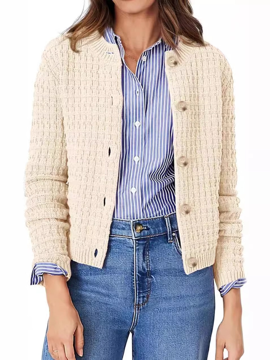 Button Up Round Neck Long Sleeve Cardigan - Charming Charlie