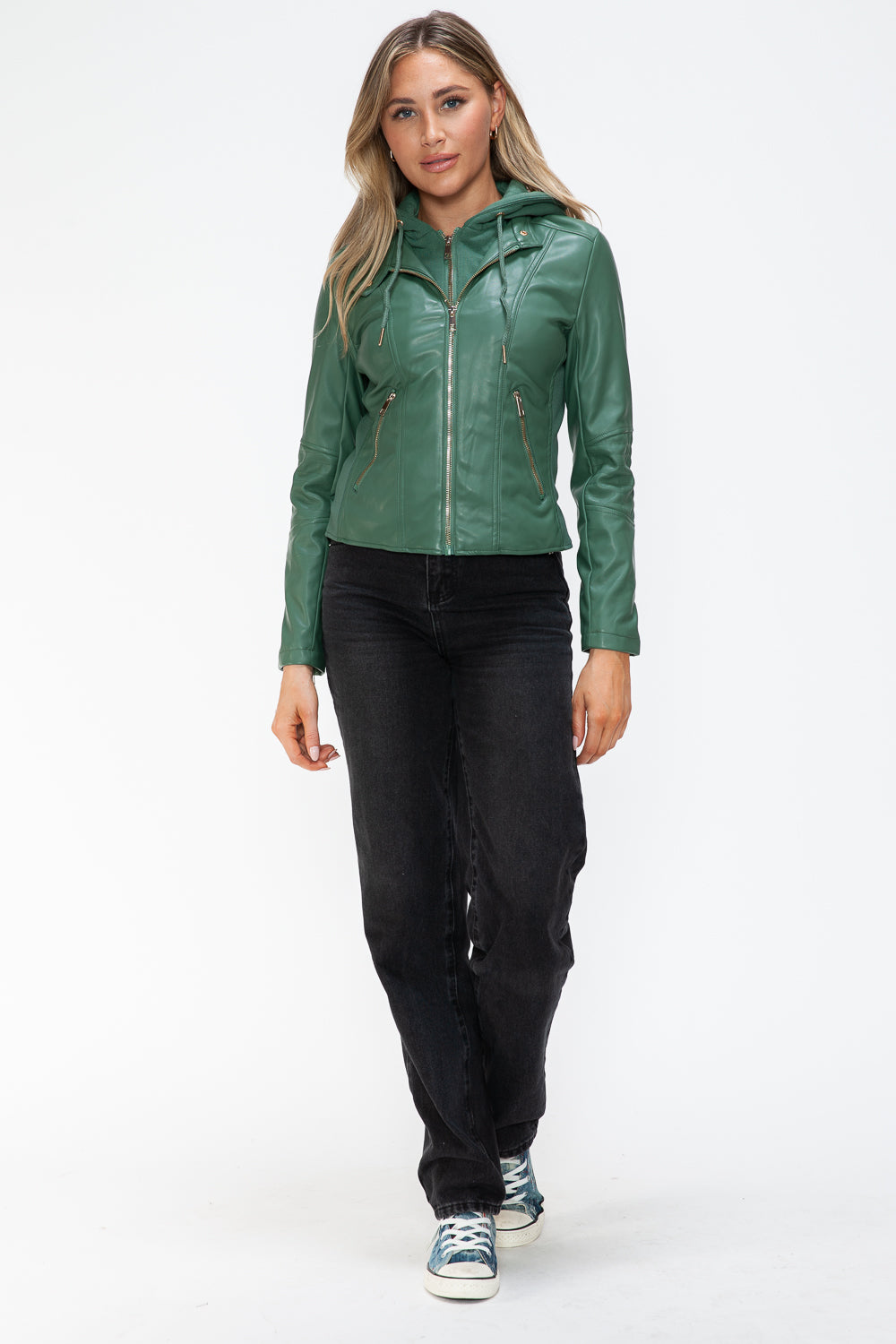 Snobbish Faux Leather Zip Up Drawstring Hooded Jacket - Charming Charlie