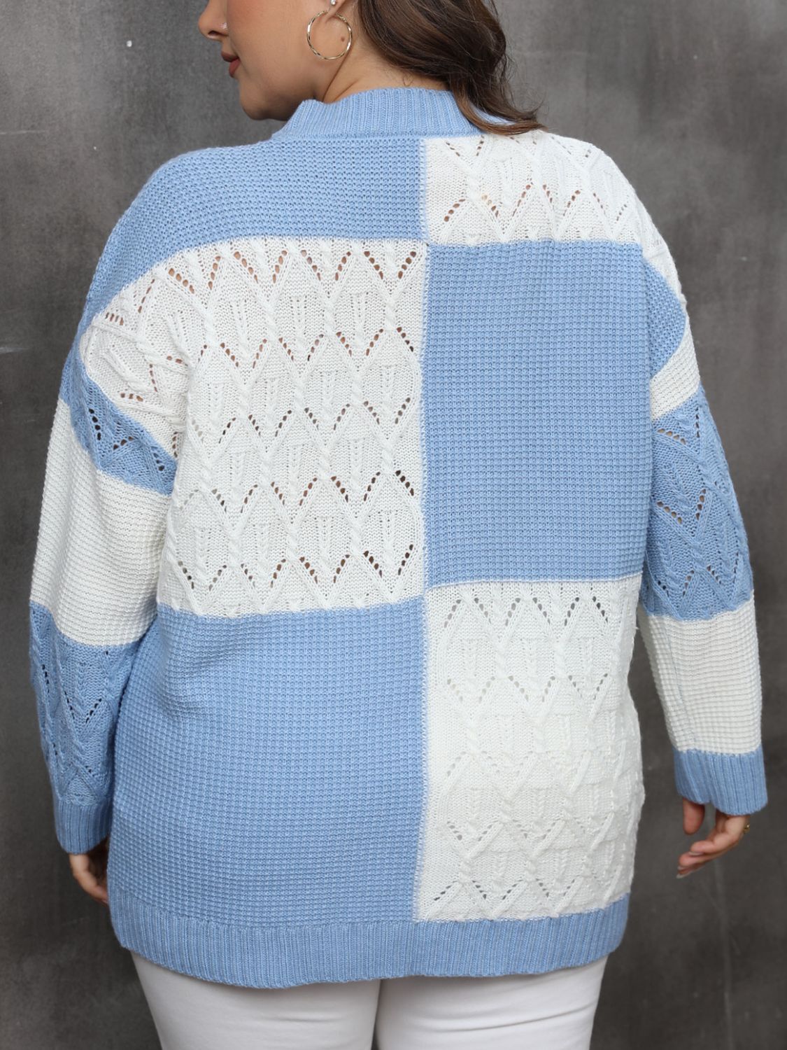 Plus Size Openwork Color Block Long Sleeve Sweater - Charming Charlie