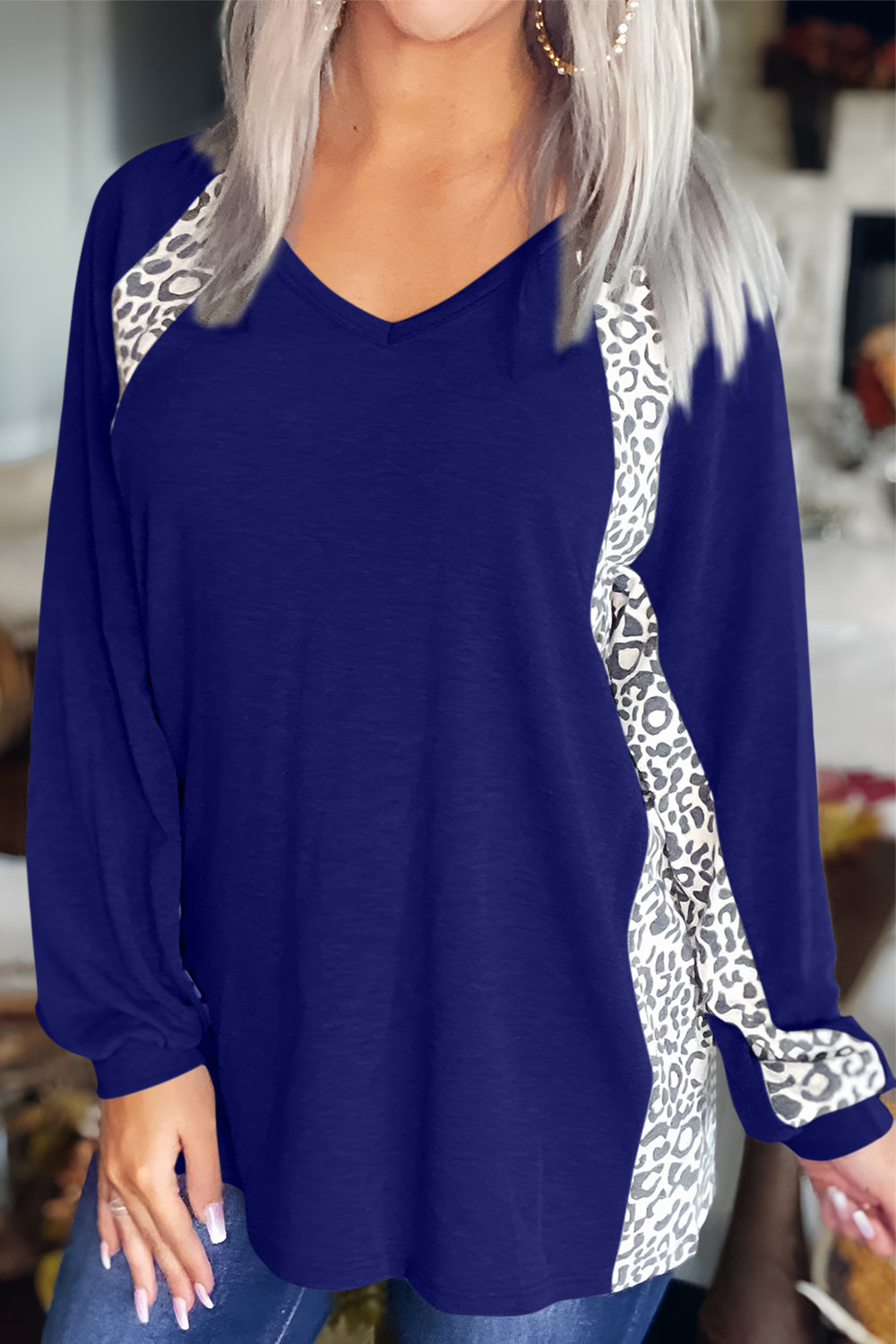 Full Size Leopard V-Neck Long Sleeve T-Shirt - Charming Charlie
