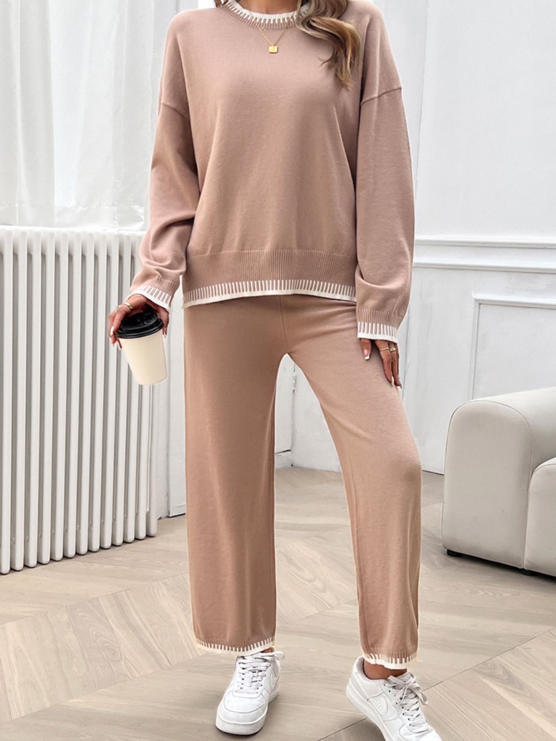 Round Neck Dropped Shoulder Top and Pants Sweater Set - Charming Charlie