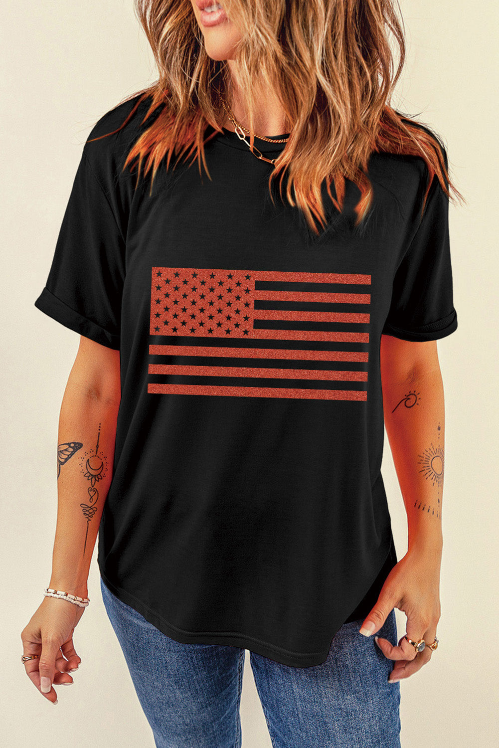 US Flag Round Neck Short Sleeve T-Shirt - Charming Charlie