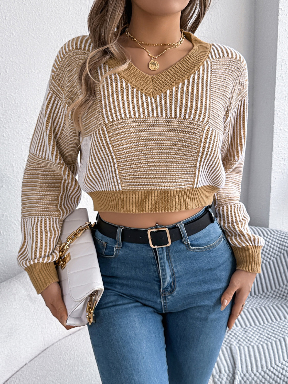 Striped V-Neck Long Sleeve Sweater - Charming Charlie