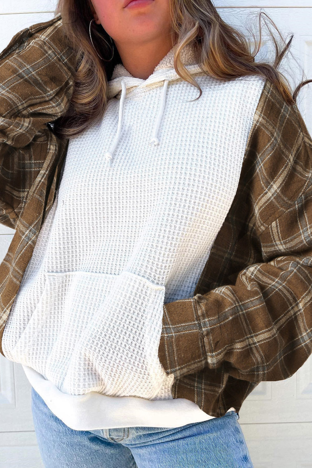 Waffle Knit Plaid Long Sleeve Kangaroo Pocket Hoodie - Charming Charlie