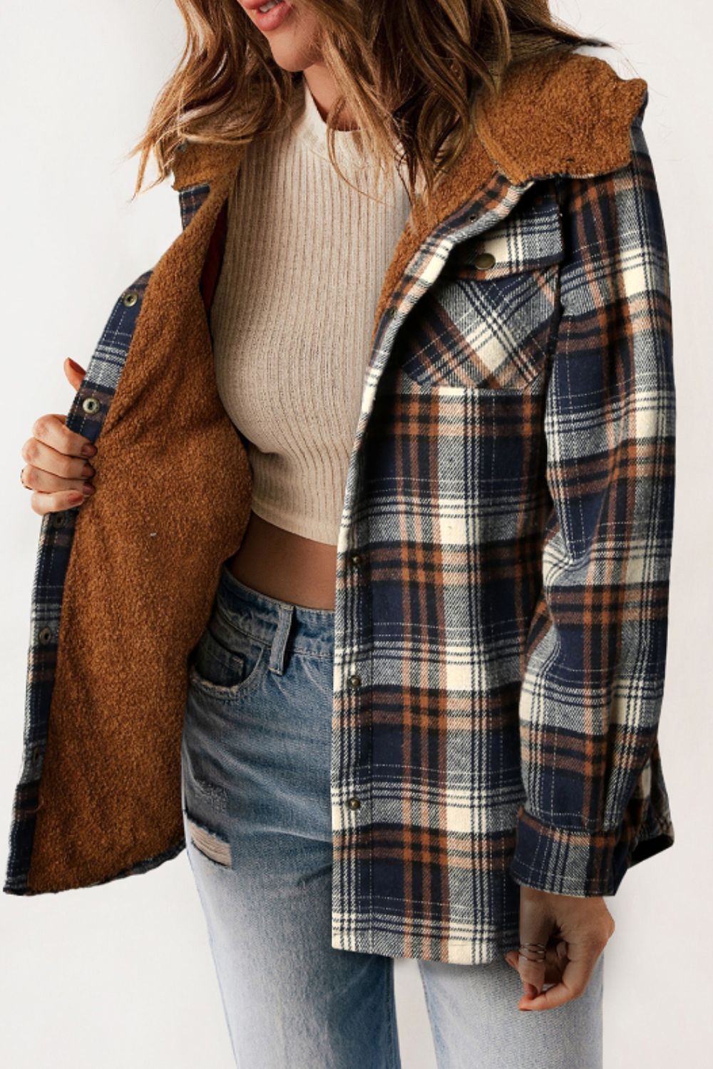 Plaid Button Up Long Sleeve Hooded Jacket - Charming Charlie