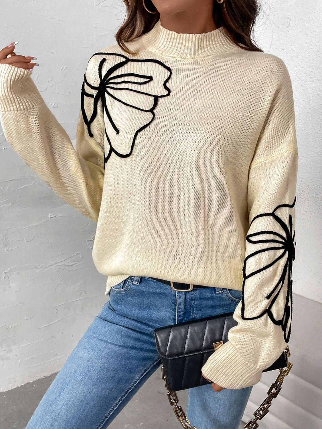 Perfee Mock Neck Dropped Shoulder Long Sleeve Sweater - Charming Charlie