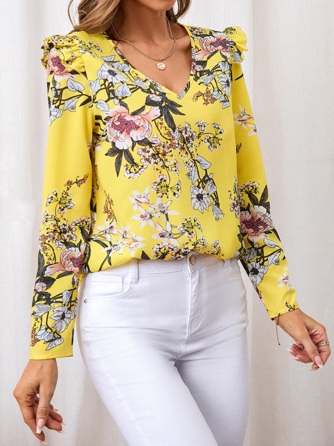 Ruffled Printed V-Neck Long Sleeve Blouse - Charming Charlie