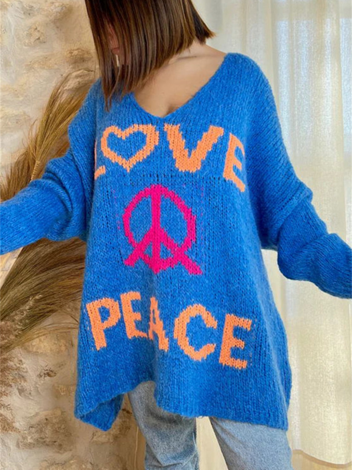 Peace Graphic V-Neck Long Sleeve Sweater - Charming Charlie
