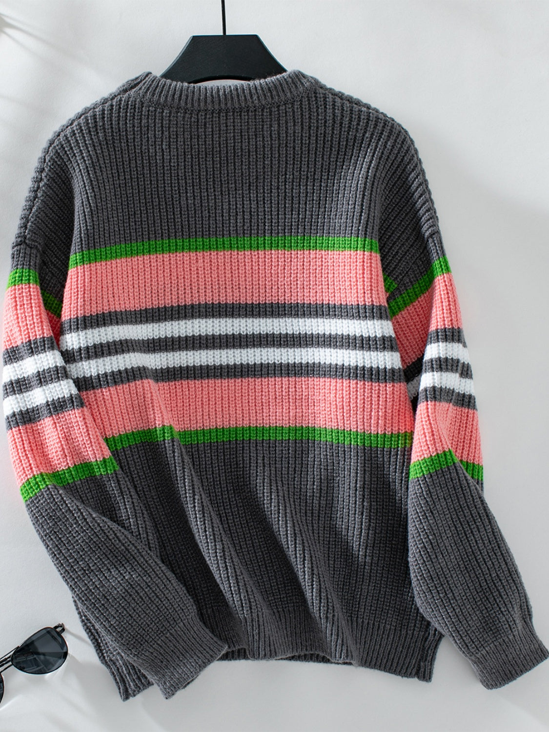 Contrast Stripes Round Neck Long Sleeve Sweater - Charming Charlie