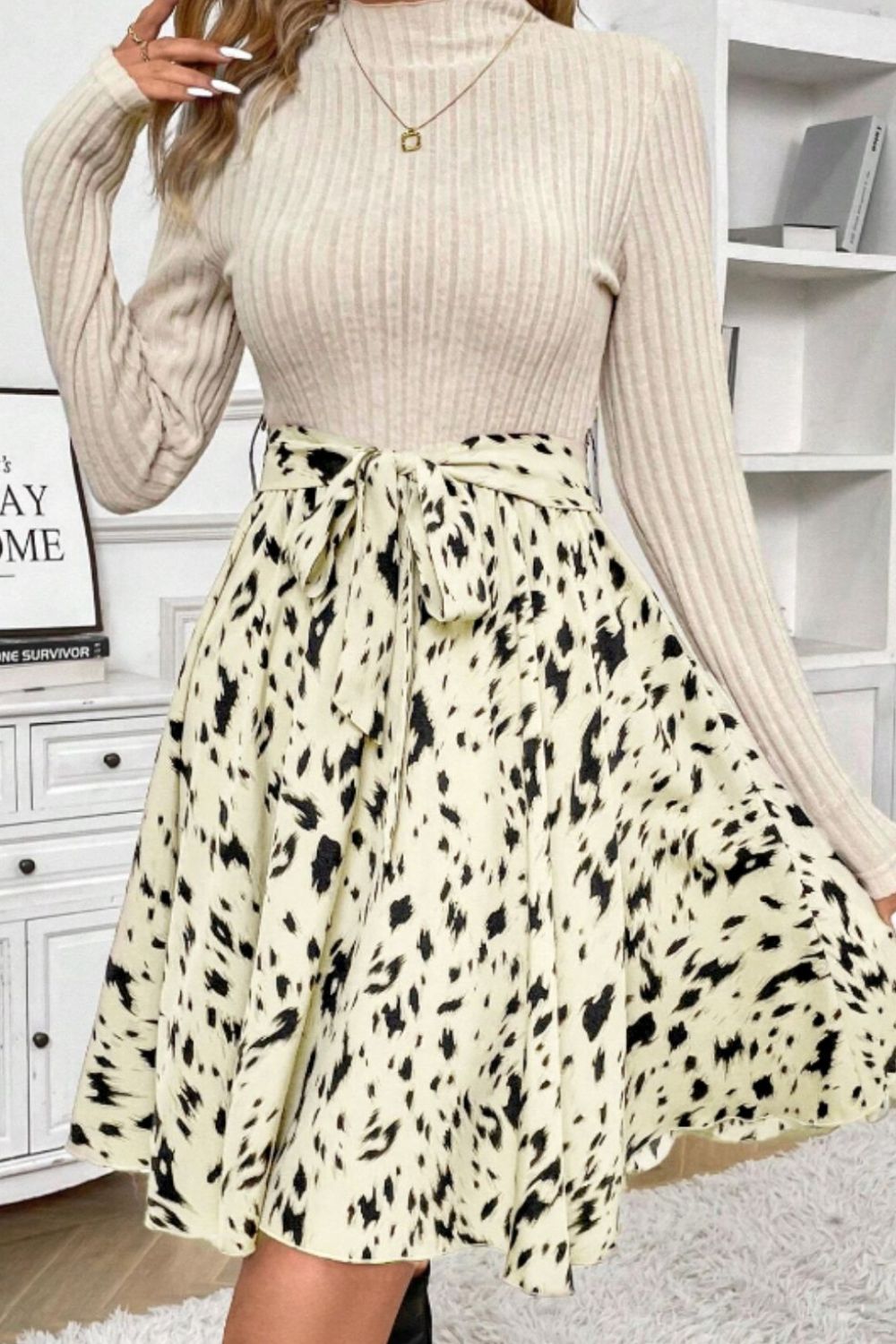 Printed Tie Waist Mock Neck Long Sleeve Dress - Charming Charlie