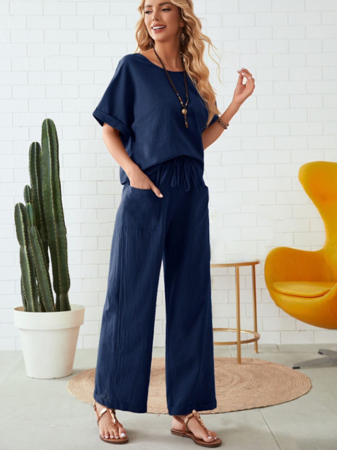 Round Neck Half Sleeve Top and Pocketed Pants Set - Charming Charlie