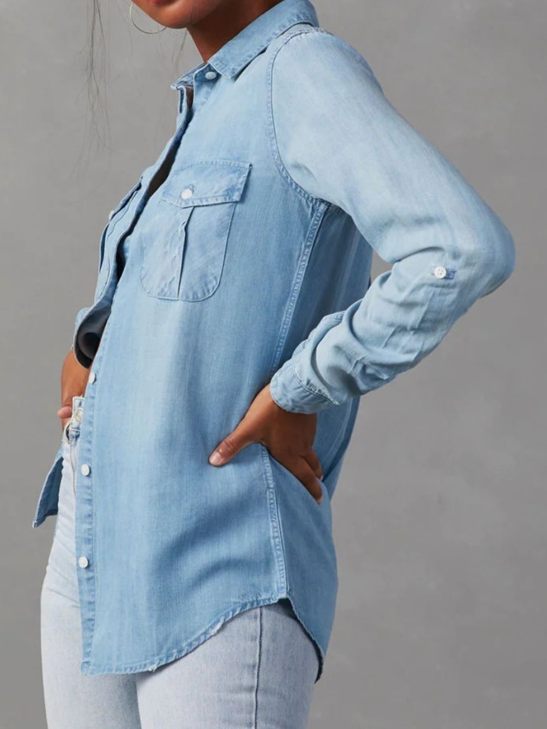 Collared Neck Roll-Tab Sleeve Denim Top - Charming Charlie
