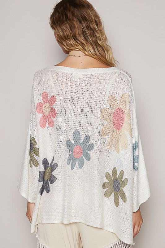POL Flower Dropped Shoulder Long Sleeve Knit Top - Charming Charlie